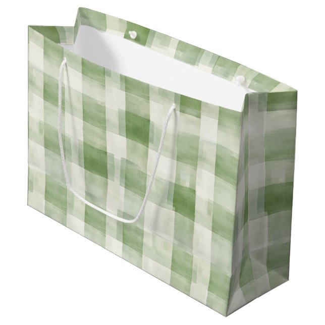 Western Green Cream Plaid Stripes Christmas Large Gift Bag (Front Angled)