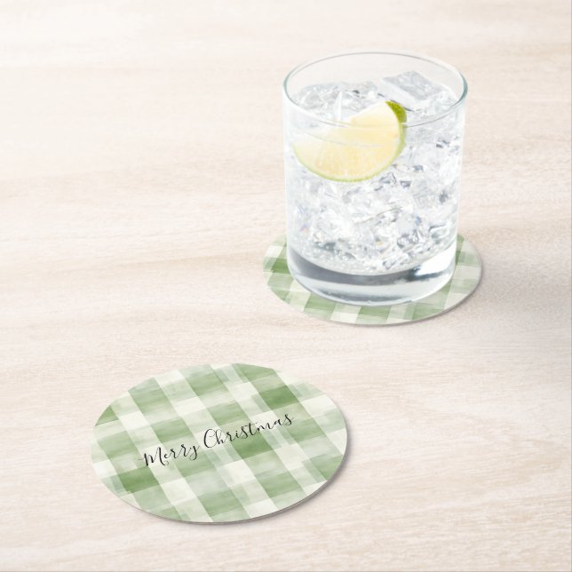 Western Green Cream Plaid Stripes Christmas Round Paper Coaster (Insitu)