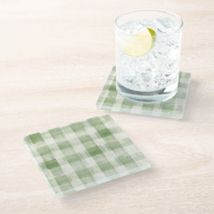 Western Green Cream Plaid Stripes Country Glass Coaster