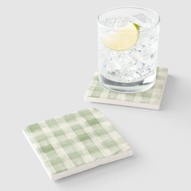 Western Green Cream Plaid Stripes Country   Stone Coaster (Side)