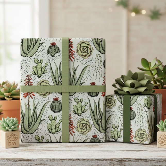 Western Green Desert Cacti and Succulents Wrapping Paper (Elegant Sage Green Succulent & Greenery Birthday Wrapping Paper 4 Plant Lover. Desert Cacti Pattern)