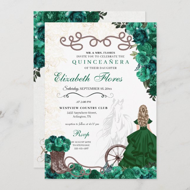 Western Green Princess Floral Charra Quinceañera Invitation (Front/Back)