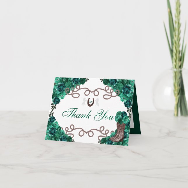 Western Green Roses Charra Quinceanera Thank You Invitation (Front)