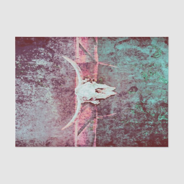 Western Grunge Texture Rustic Teal Bull Skull Tissue Paper (Front)
