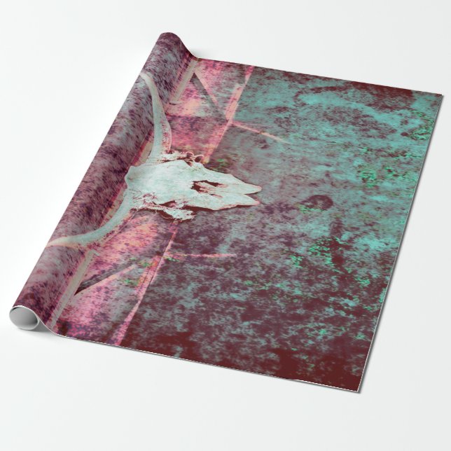 Western Grunge Texture Rustic Teal Bull Skull Wrapping Paper (Unrolled)