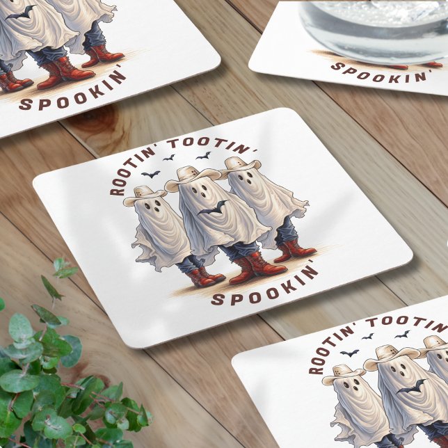 Western Halloween Spooky Cowboy Ghosts Custom Square Paper Coaster (Edit text via template to replace with words of your own.  Matching partyware available.)