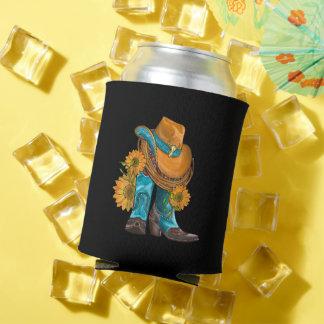 Western Hat And Cowboy Boots With Sunflowers Can Cooler