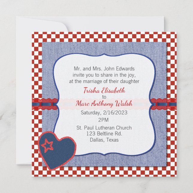Western Heart and Checks Wedding Invitation (Front)