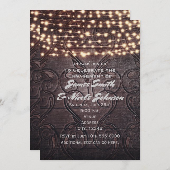 Western Hearts Carved in Wood & Lights Invitations (Front/Back)