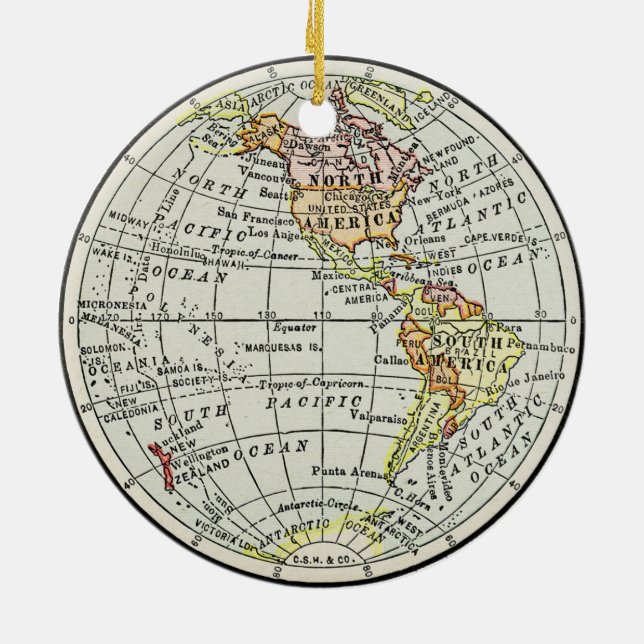 Western Hemisphere Map Globe Travel Ceramic Tree Decoration (Back)