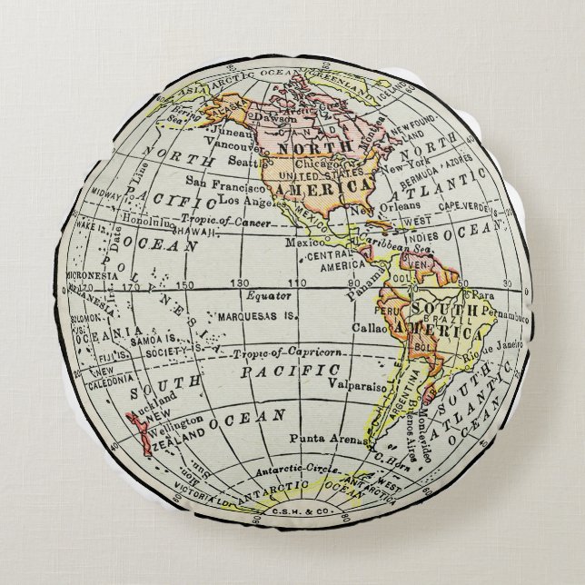 Western Hemisphere Map Globe Travel Round Cushion (Front)