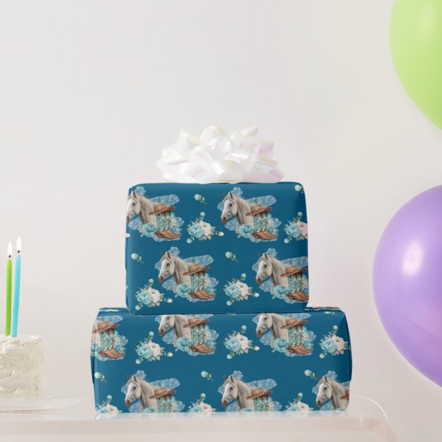 Western Horse Birthday Wrapping Paper – Navy (Party Gifts)