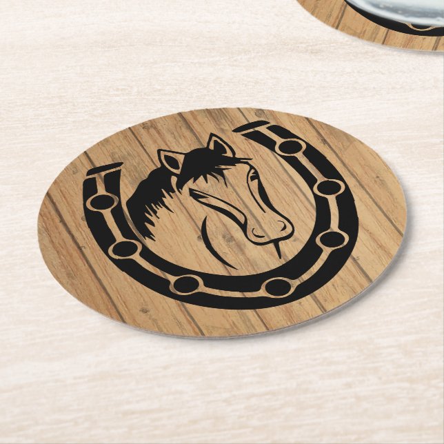 Western Horse Country Wedding Horseshoe  Wood Round Paper Coaster (Angled)