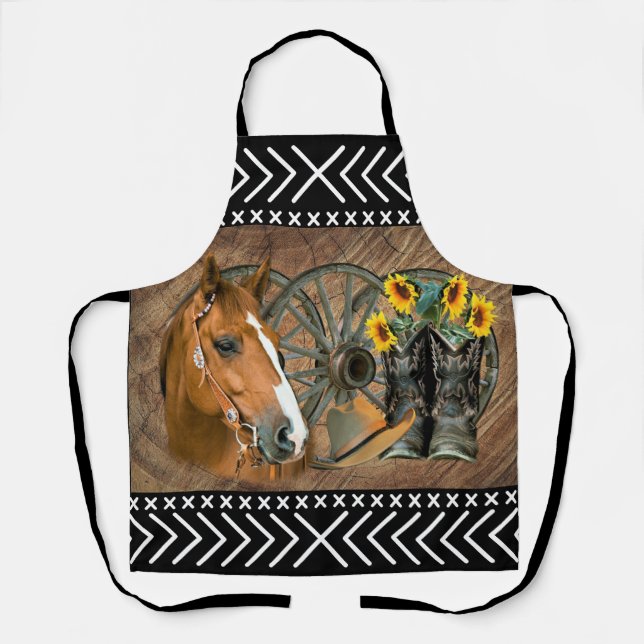 Western Horse Cowboy Boots Cowboy Hat Wagon Wheel Apron (Front)