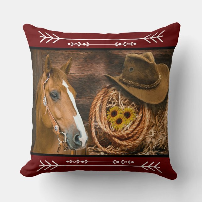 Western Horse Cowboy Boots Cowboy Hat Wagon Wheel  Cushion (Front)