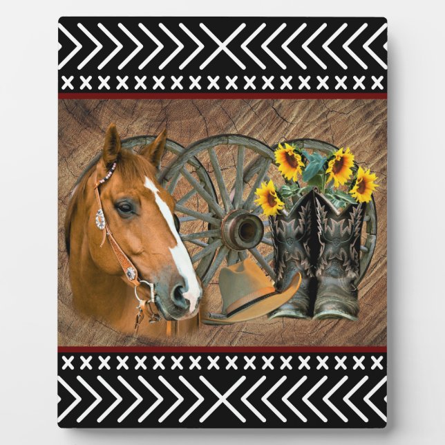 Western Horse Cowboy Boots Cowboy Hat Wagon Wheel Plaque (Front)