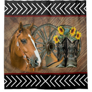 Western Horse Cowboy Boots Cowboy Hat Wagon Wheel Shower Curtain