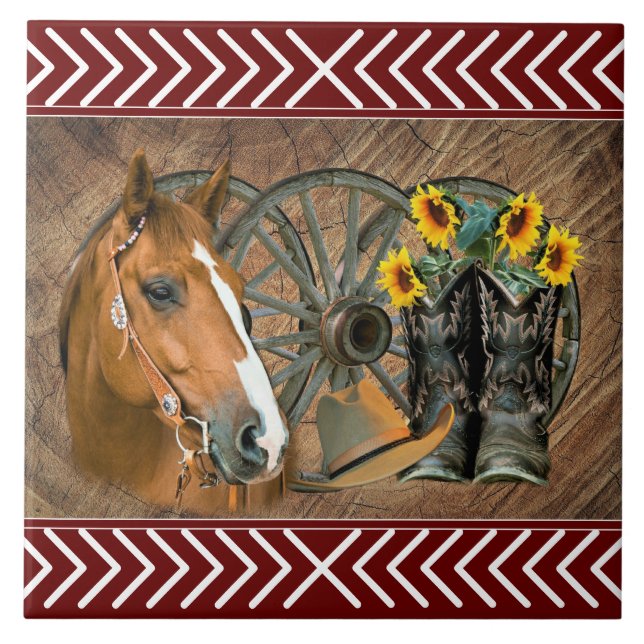 Western Horse Cowboy Boots Cowboy Hat Wagon Wheel Tile (Front)