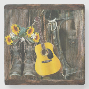Western Horse Cowboy boots Guitar Sunflowers Stone Coaster