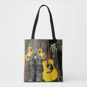 Western Horse Cowboy boots Guitar Sunflowers Tote Bag