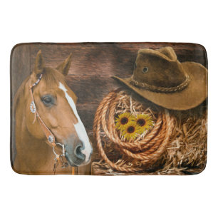 Western Horse Cowboy Hat Lasso Sunflowers Bath Mat