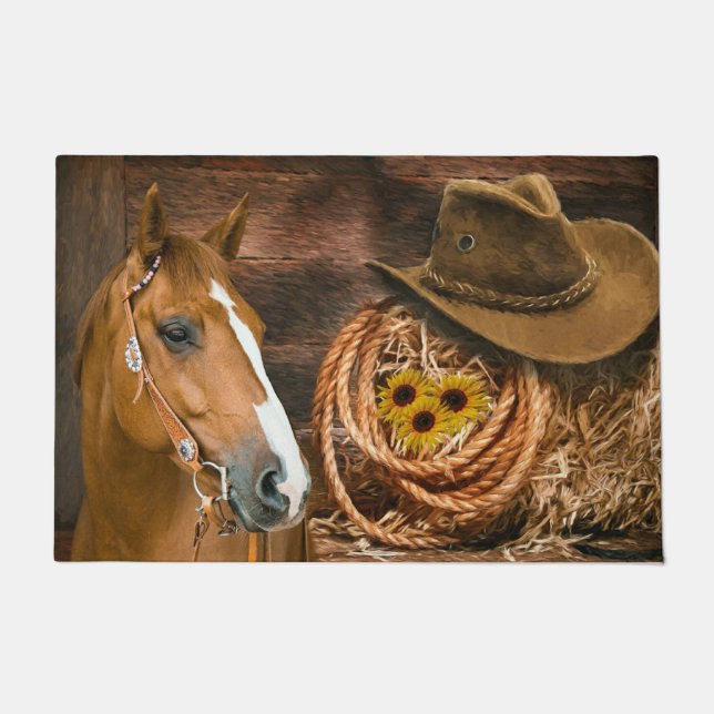 Western Horse Cowboy Hat Lasso Sunflowers  Doormat (Front)