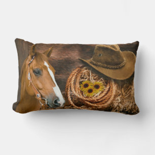 Western Horse Cowboy Hat Lasso Sunflowers Lumbar Cushion