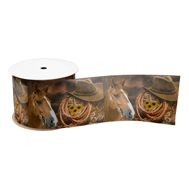 Western Horse Cowboy Hat Lasso Sunflowers  Satin Ribbon (Spool)