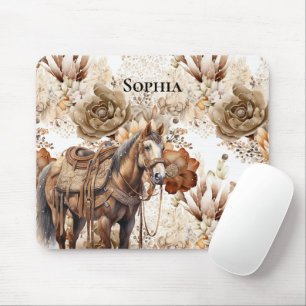 Western Horse Cream Brown Floral Mouse Pad