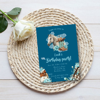 Western Horse Floral Birthday Invitation – Navy
