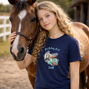 Western Horse Floral Birthday- Navy T-Shirt