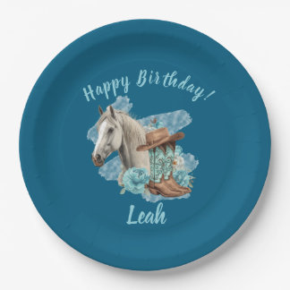 Western Horse Floral Equestrian- Navy Paper Plate