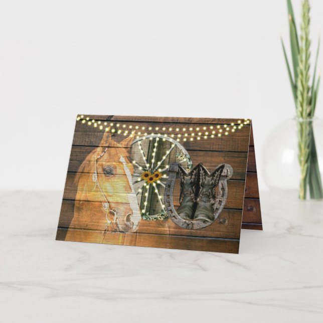 Western Horse Horseshoe Wagon Wheel Cowboy Boots Holiday Card (Front)