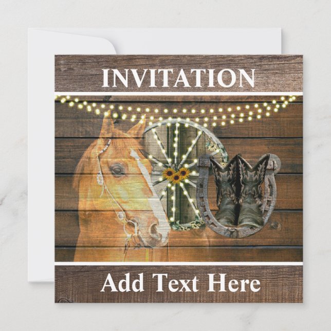 Western Horse Horseshoe Wagon Wheel Cowboy Boots Invitation (Front)