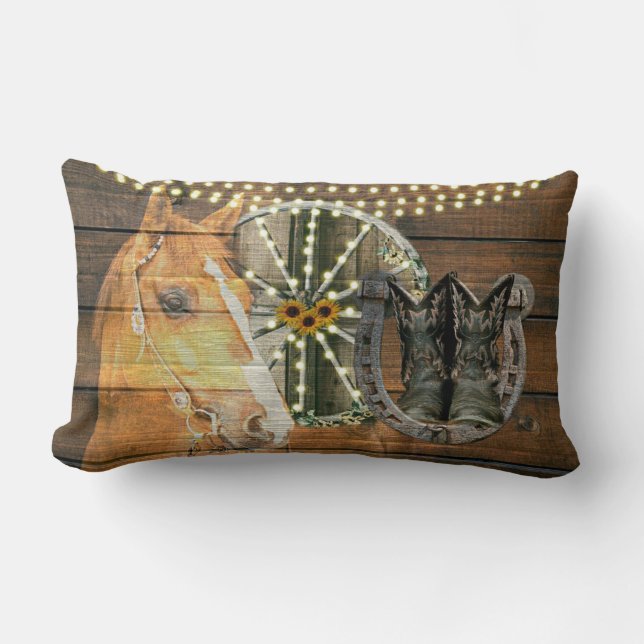 Western Horse Horseshoe Wagon Wheel Cowboy Boots Lumbar Cushion (Front)
