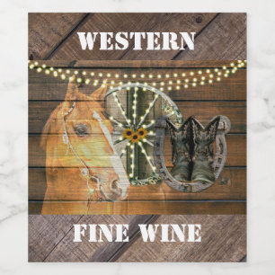 Western Horse Horseshoe Wagon Wheel Cowboy Boots Wine Label