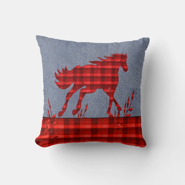 Western  Horse Red  Plaid Faux Denim Cushion (Front)