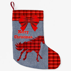 Western  Horse Red  Plaid Faux Denim Small Christmas Stocking