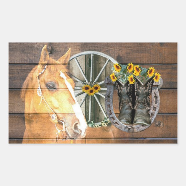Western Horse Wagon Wheel Horseshoe Cowboy Boots Rectangular Sticker (Front)