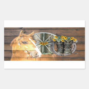 Western Horse Wagon Wheel Horseshoe Cowboy Boots Rectangular Sticker