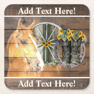 Western Horse Wagon Wheel Horseshoe Cowboy Boots S Square Paper Coaster