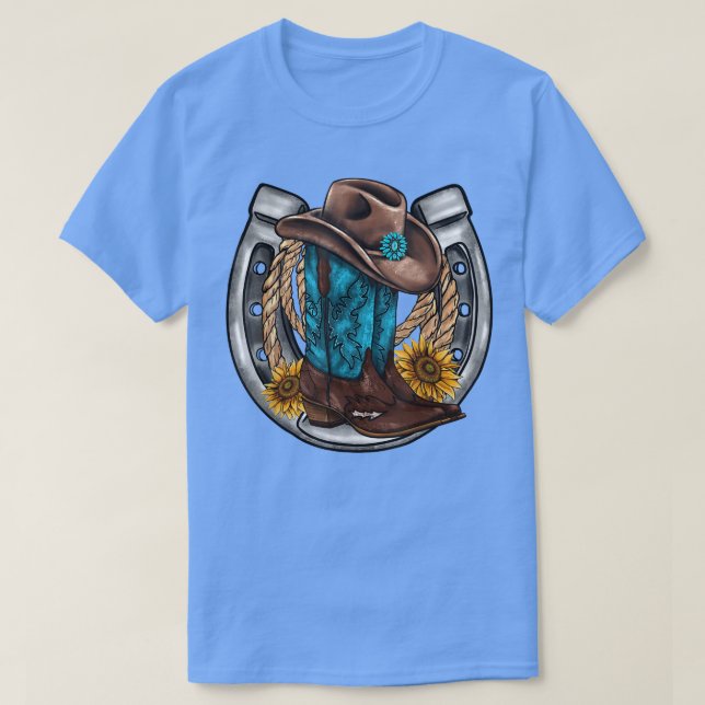 Western Horseshoe Cowboy Boots Hat Rope Sunflower  T-Shirt (Design Front)