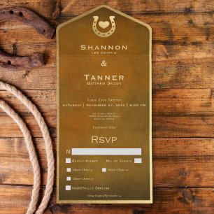 Western Horseshoe & Heart Brown & Gold Dinner All In One Invitation
