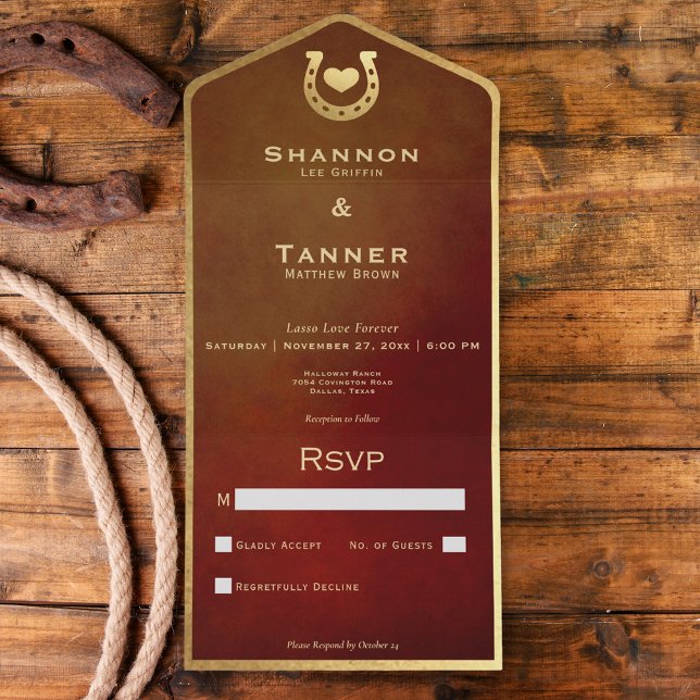 Western Horseshoe Heart Burgundy & Gold No Dinner All In One Invitation (Western Horseshoe Heart Burgundy & Gold No Dinner All In One Invitation)