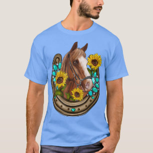 Western Horseshoe Horse With Turquoise Sunflower C T-Shirt