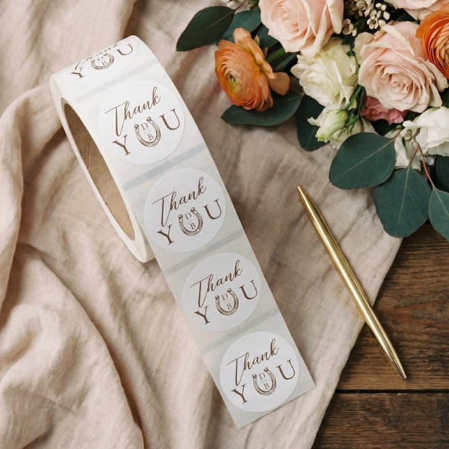 Western Horseshoe Monogram Wedding Thank You  Classic Round Sticker (Western Horseshoe Monogram Wedding Thank You Classic Round Sticker)