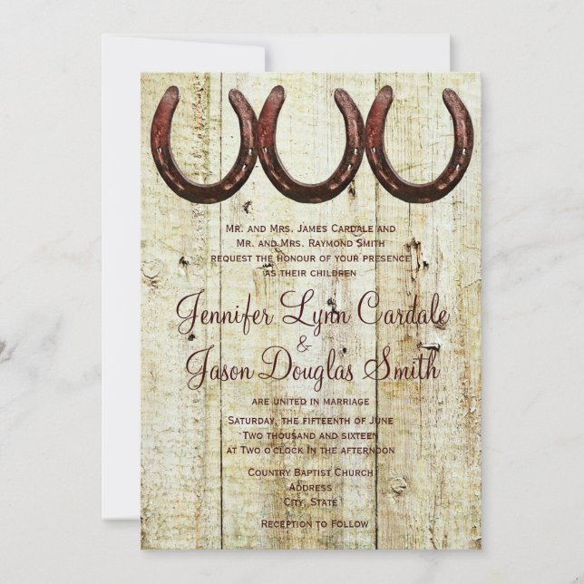 Western Horseshoes Barn Wood Wedding Invitations (Front)