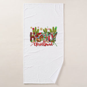 Western Howdy Christmas Cow Cowboy Hat And Cactus Bath Towel