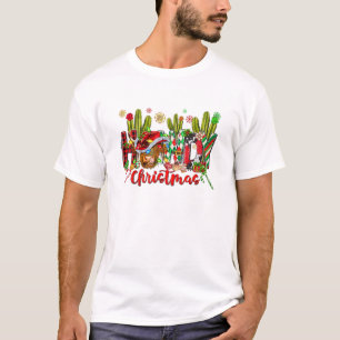 Western Howdy Christmas Cow Cowboy Hat And Cactus T-Shirt