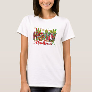 Western Howdy Christmas Cow Cowboy Hat And Cactus  T-Shirt
